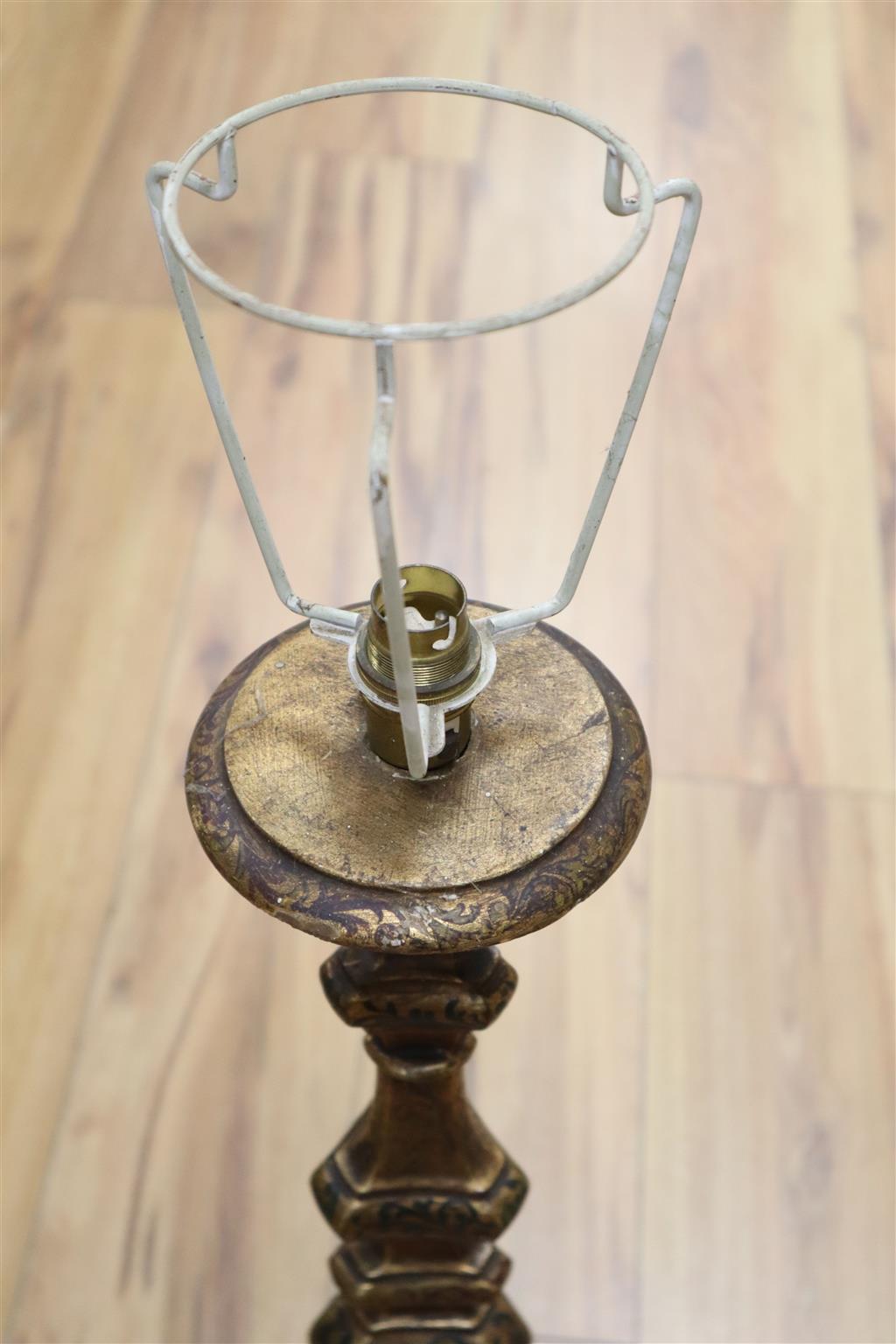 A Florentine green and gilt carved wood table lamp, height 63cm